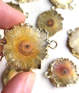 Mystical Yellow Geode Slice Druzy Crystal Gemstone with 24k Electroplated Gold Cap and Bail -- Double Bail Pendant Connector D54S21-11