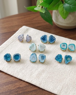 Sky Blue Geode Druzy Stud Earrings: Gold Plated Brass, Raw Agate Slice Jewelry