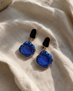 Blue Druzy Drop Earrings, Gold Black Crystal Dangle Statement Jewelry