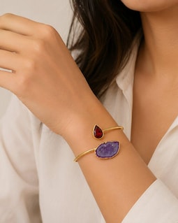 Natural Milky Purlpe Geode Druzy Bangles, Garnet Pear Shape Bangles, Gold Plated Adjustable Bangles, Birthsotne Bangle, Gifts For Her