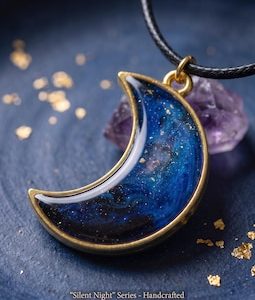 Handcrafted Galaxy Resin Crescent Moon Pendant Necklace, Cosmic Nebula Charm, Astronomy Gift