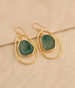 Natural Green Geode Druzy Dangle Earrings Gold Plated Statement Jewelry | Handmade Earring Gift for Her 5019