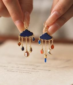 Celestial Rain Cloud Earrings, Moon & Raindrop Dangle Jewelry