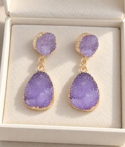 Purple Druzy Drop Earrings, Gold Dangle Crystal Statement Jewelry
