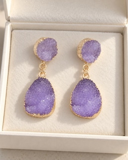 Purple Druzy Drop Earrings, Gold Dangle Crystal Statement Jewelry